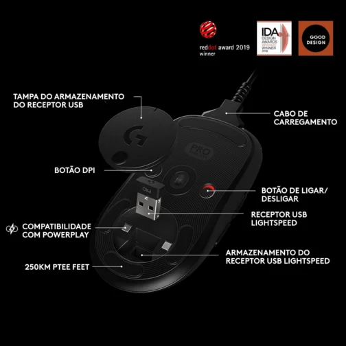 Mouse Gamer Sem Fio Logitech G PRO Wireless com Tecnologia LIGHTSPEED, RGB LIGHTSYNC, Design Ambidestro, 8 Botões Programáveis, Sensor HERO 25K e Bateria Recarregável - Compatível com POWERPLAY - Imagem 6