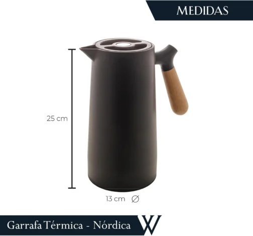 WOLFF - Garrafa Térmica de Plástico com Cabo de Madeira Nórdica 1L Preta - Mesa Posta - Itens Para Casa - Utensílios de Cozinha - Perfeita Para Café e Chá - Imagem 4