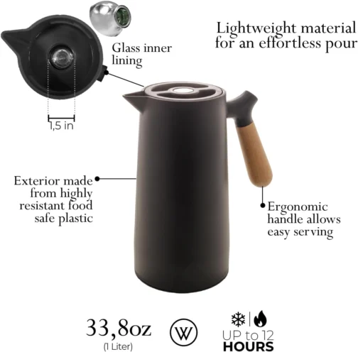 WOLFF - Garrafa Térmica de Plástico com Cabo de Madeira Nórdica 1L Preta - Mesa Posta - Itens Para Casa - Utensílios de Cozinha - Perfeita Para Café e Chá - Imagem 5