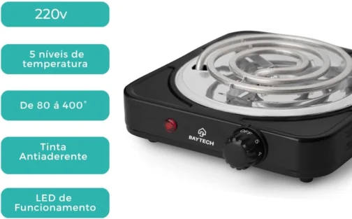 Fogareiro Elétrico Espiral 1 Boca 1000W Portátil BAYTECH (Preto, 220V) - Imagem 4