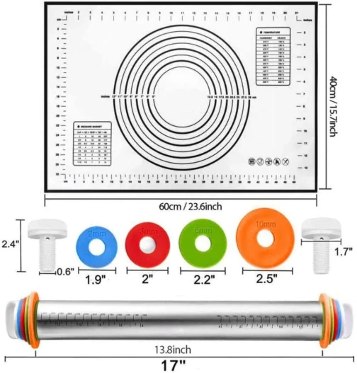 Rolo de massa de aço inoxidável com tapete de assar para pastelaria – Conjunto de rolo inclui tapete de silicone, pizza, torta, pastelaria, macarrão, biscoitos e pão - Imagem 3