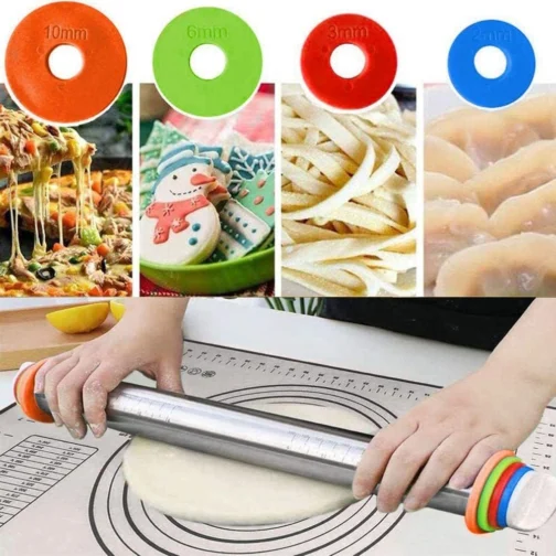 Rolo de massa de aço inoxidável com tapete de assar para pastelaria – Conjunto de rolo inclui tapete de silicone, pizza, torta, pastelaria, macarrão, biscoitos e pão - Imagem 5