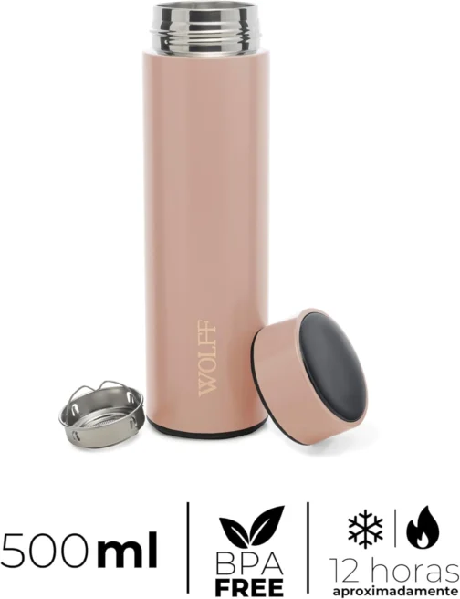 WOLFF - Garrafa Térmica de Aço Inox com Termômetro em Led 500ml Rosé - Conserva Bebidas Quentes e Frias - Imagem 4