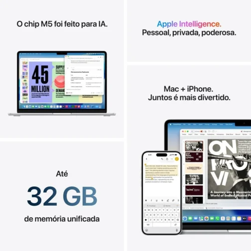 Apple 2026 MacBook Air (de 15 polegadas, Chip M5 da Apple com CPU de 10 núcleos e GPU de 10 núcleos., 16GB Memória unificada, de 512 GB) - Prateado - Imagem 6