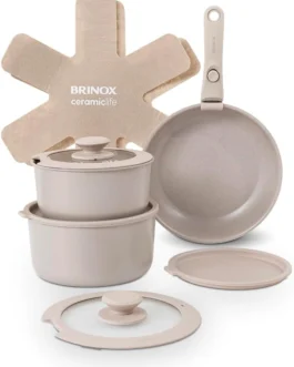 Brinox – Jogo de Panelas Antiaderente Ceramic Life 10 Peças Cabo Removível Fit – Areia