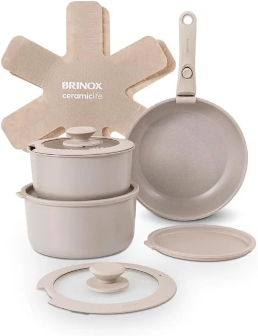 Brinox - Jogo de Panelas Antiaderente Ceramic Life 10 Peças Cabo Removível Fit - Areia - Imagem 2