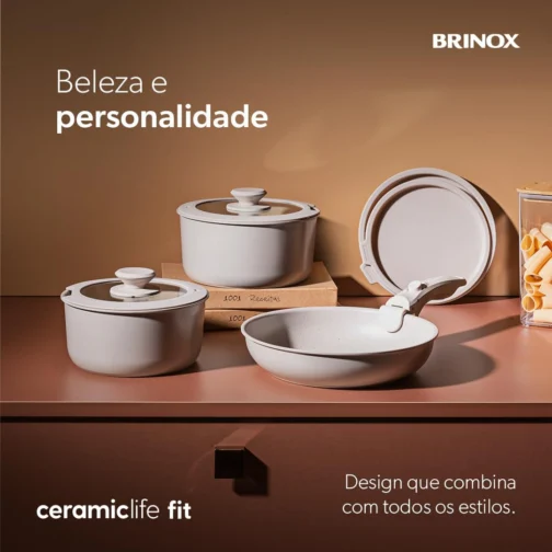 Brinox - Jogo de Panelas Antiaderente Ceramic Life 10 Peças Cabo Removível Fit - Areia - Imagem 3