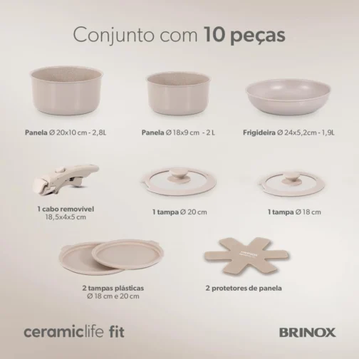 Brinox - Jogo de Panelas Antiaderente Ceramic Life 10 Peças Cabo Removível Fit - Areia - Imagem 4