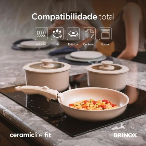 Brinox - Jogo de Panelas Antiaderente Ceramic Life 10 Peças Cabo Removível Fit - Areia - Imagem 8