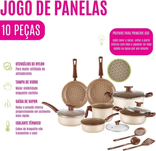 House Organizer Jogo de Panelas Antiaderente com Tampas de Vidro e Utensílios – 10 Peças (Fiori) - Imagem 3