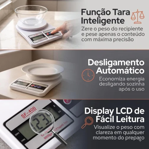 Balança de Cozinha Digital 10kg Precisão 1g com Tare Display LCD Balança Digital para Confeitaria Dieta Nutrição Fitness Ingredientes Farinha Açúcar Carne Alimentos Receita Bolo SF-400 - Imagem 4