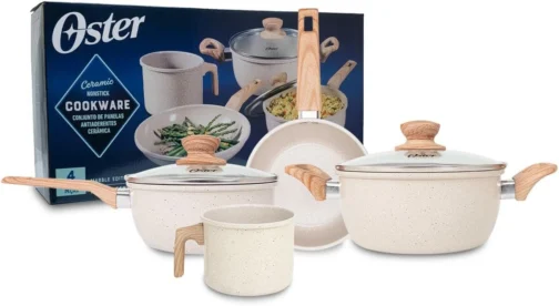 OSTER JOGO DE PANELAS E LEITEIRA MARBLE EDITION CREAM – 4 PEÇAS COM REVESTIMENTO CERÂMICO ANTIADERENTE, ALÇAS EM SILICONE ANTITÉRMICO E BASE COMPATÍVEL COM INDUÇÃO - Imagem 2