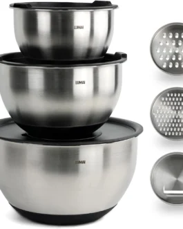 LUMAI Kit 3 Tigelas de Cozinha Bowls Aço Inox com Tampas e Discos de Corte