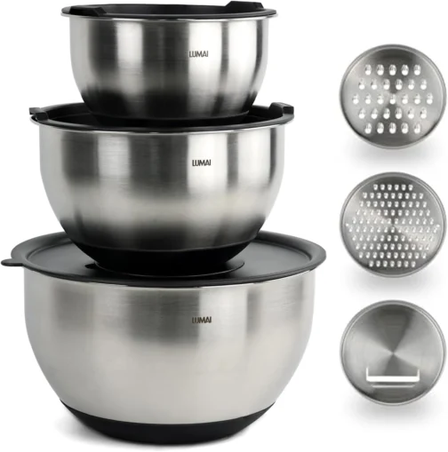 LUMAI Kit 3 Tigelas de Cozinha Bowls Aço Inox com Tampas e Discos de Corte - Imagem 2