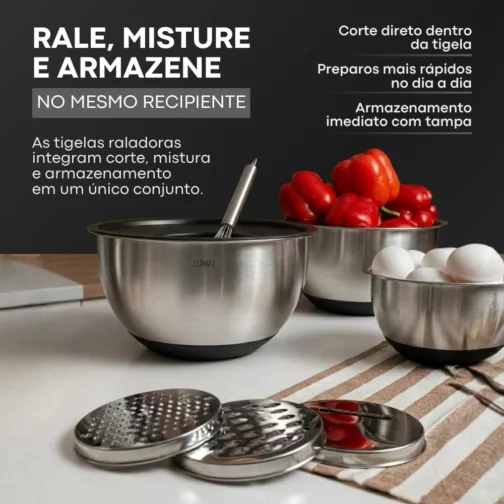 LUMAI Kit 3 Tigelas de Cozinha Bowls Aço Inox com Tampas e Discos de Corte - Imagem 3