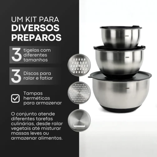 LUMAI Kit 3 Tigelas de Cozinha Bowls Aço Inox com Tampas e Discos de Corte - Imagem 4