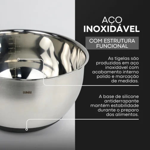 LUMAI Kit 3 Tigelas de Cozinha Bowls Aço Inox com Tampas e Discos de Corte - Imagem 5