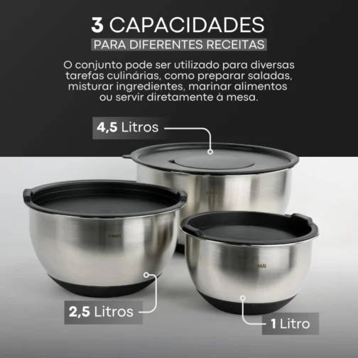 LUMAI Kit 3 Tigelas de Cozinha Bowls Aço Inox com Tampas e Discos de Corte - Imagem 6
