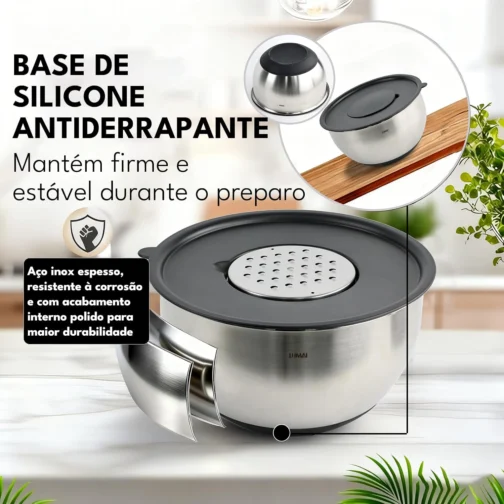 LUMAI Kit 3 Tigelas de Cozinha Bowls Aço Inox com Tampas e Discos de Corte - Imagem 7