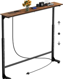 Keelian Mesa de Console Estreita de 89 cm com Tomada, Altura Ajustável (63,5-94 cm) para Trás do Sofá, Mesa Fina para Trás do Sofá, Prateleira de Sofá com Estação de Carregamento, Mesas Longas de