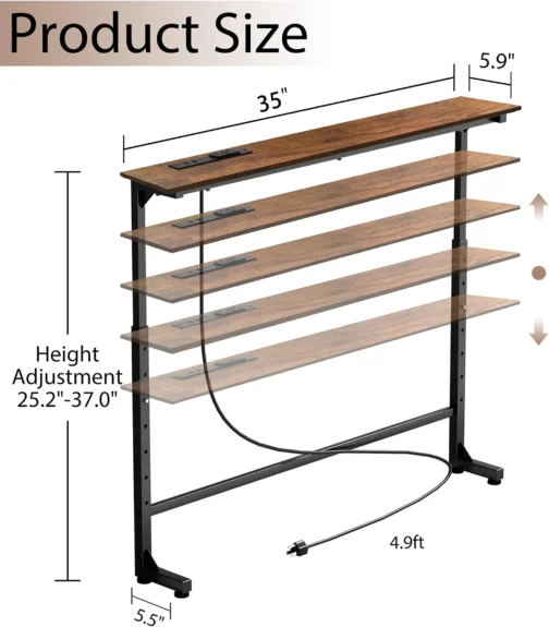 Keelian Mesa de Console Estreita de 89 cm com Tomada, Altura Ajustável (63,5-94 cm) para Trás do Sofá, Mesa Fina para Trás do Sofá, Prateleira de Sofá com Estação de Carregamento, Mesas Longas de - Imagem 4