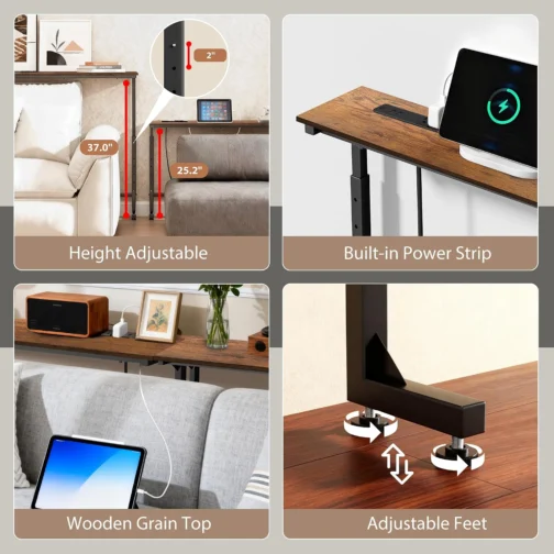 Keelian Mesa de Console Estreita de 89 cm com Tomada, Altura Ajustável (63,5-94 cm) para Trás do Sofá, Mesa Fina para Trás do Sofá, Prateleira de Sofá com Estação de Carregamento, Mesas Longas de - Imagem 7