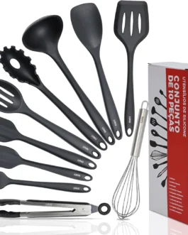 Kit 10 Utensílios de Cozinha LUMAI em Silicone e Aço Inox, Resistentes ao Calor, Antirriscos, com Espátula, Pegador, Concha e Colher, Preto