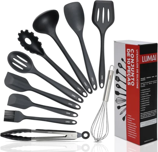 Kit 10 Utensílios de Cozinha LUMAI em Silicone e Aço Inox, Resistentes ao Calor, Antirriscos, com Espátula, Pegador, Concha e Colher, Preto - Imagem 2