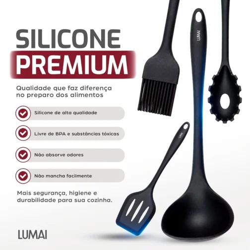 Kit 10 Utensílios de Cozinha LUMAI em Silicone e Aço Inox, Resistentes ao Calor, Antirriscos, com Espátula, Pegador, Concha e Colher, Preto - Imagem 3
