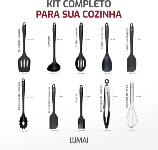 Kit 10 Utensílios de Cozinha LUMAI em Silicone e Aço Inox, Resistentes ao Calor, Antirriscos, com Espátula, Pegador, Concha e Colher, Preto - Imagem 5
