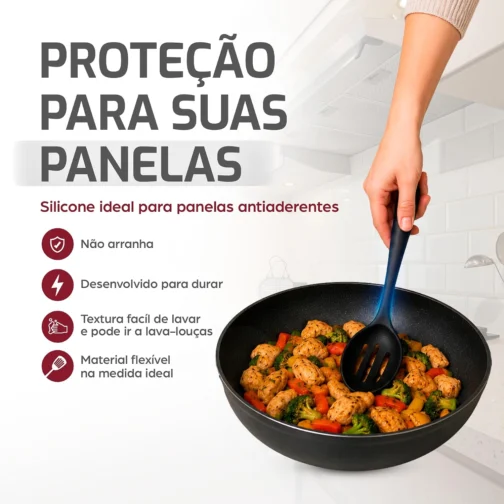 Kit 10 Utensílios de Cozinha LUMAI em Silicone e Aço Inox, Resistentes ao Calor, Antirriscos, com Espátula, Pegador, Concha e Colher, Preto - Imagem 6