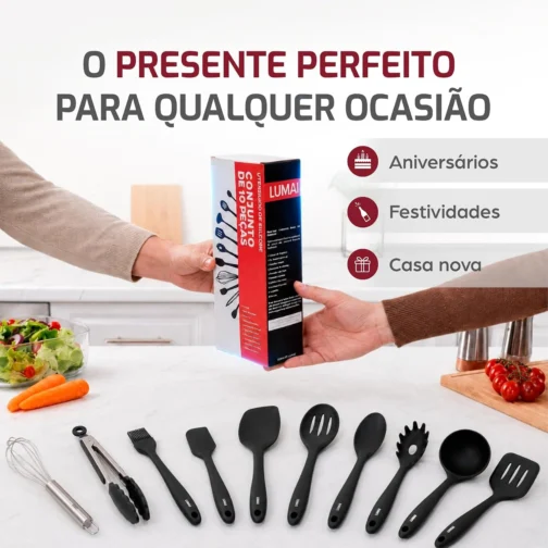 Kit 10 Utensílios de Cozinha LUMAI em Silicone e Aço Inox, Resistentes ao Calor, Antirriscos, com Espátula, Pegador, Concha e Colher, Preto - Imagem 8