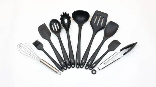 Kit 10 Utensílios de Cozinha LUMAI em Silicone e Aço Inox, Resistentes ao Calor, Antirriscos, com Espátula, Pegador, Concha e Colher, Preto - Imagem 9