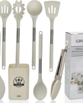 LUMAI Kit Utensílios de Cozinha Inox e Silicone 8 Peças com Suporte – Bege