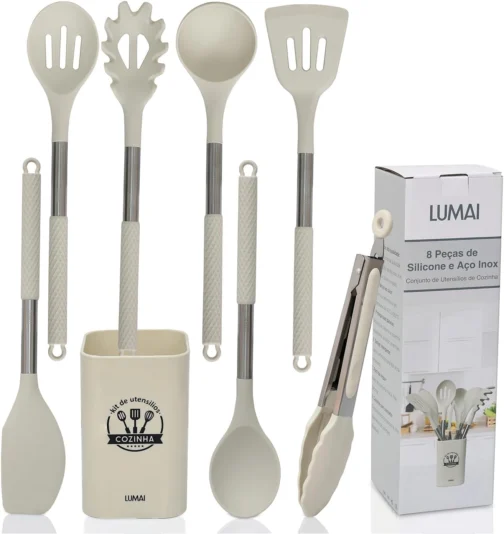 LUMAI Kit Utensílios de Cozinha Inox e Silicone 8 Peças com Suporte - Bege - Imagem 2