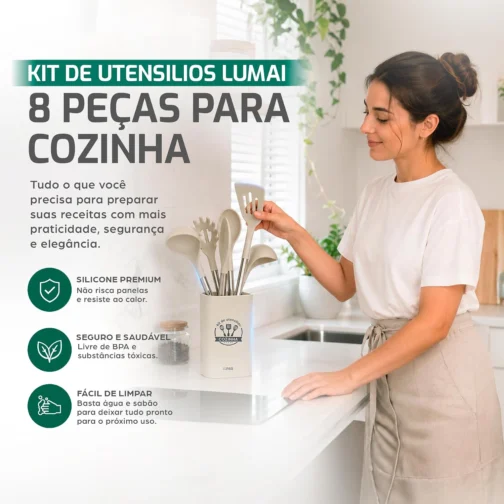 LUMAI Kit Utensílios de Cozinha Inox e Silicone 8 Peças com Suporte - Bege - Imagem 3