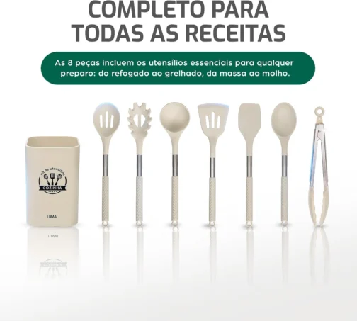 LUMAI Kit Utensílios de Cozinha Inox e Silicone 8 Peças com Suporte - Bege - Imagem 4