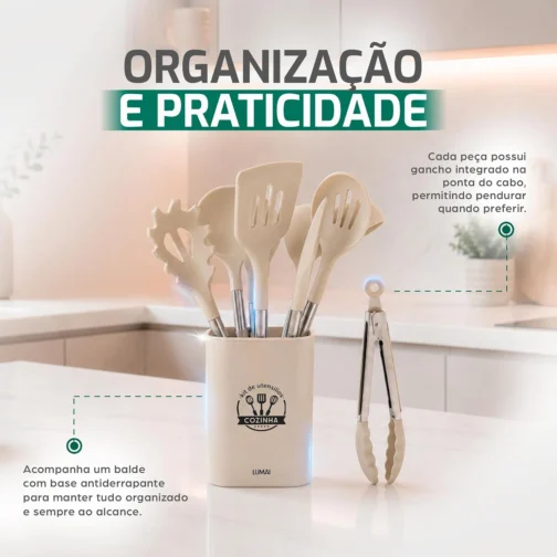 LUMAI Kit Utensílios de Cozinha Inox e Silicone 8 Peças com Suporte - Bege - Imagem 5