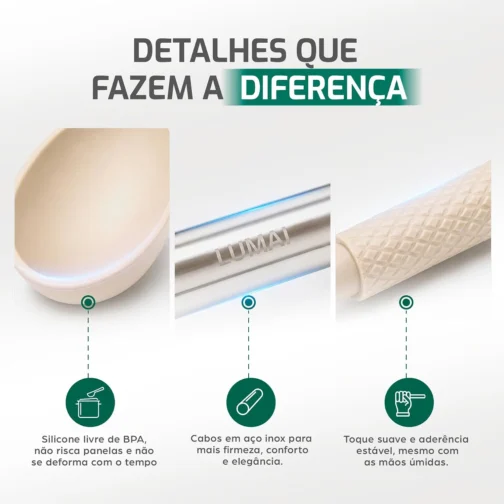 LUMAI Kit Utensílios de Cozinha Inox e Silicone 8 Peças com Suporte - Bege - Imagem 7
