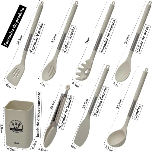 LUMAI Kit Utensílios de Cozinha Inox e Silicone 8 Peças com Suporte - Bege - Imagem 8