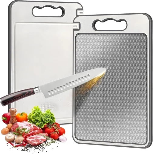 Tábua de Corte para Cozinha Dupla Face Aço Inoxidável e PP, Superfície Higiênica para Carnes, Frutas e Vegetais, Afiador Integrado, Base Antiderrapante e Alça Ergonômica PREMIUM - LAGUS IMP. - Imagem 2