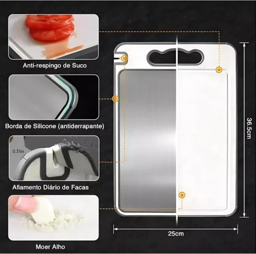Tábua de Corte para Cozinha Dupla Face Aço Inoxidável e PP, Superfície Higiênica para Carnes, Frutas e Vegetais, Afiador Integrado, Base Antiderrapante e Alça Ergonômica PREMIUM - LAGUS IMP. - Imagem 3
