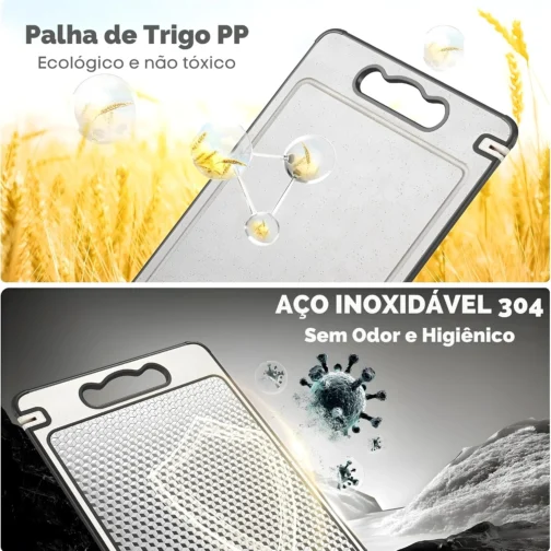 Tábua de Corte para Cozinha Dupla Face Aço Inoxidável e PP, Superfície Higiênica para Carnes, Frutas e Vegetais, Afiador Integrado, Base Antiderrapante e Alça Ergonômica PREMIUM - LAGUS IMP. - Imagem 4