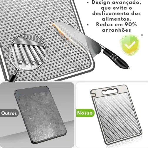 Tábua de Corte para Cozinha Dupla Face Aço Inoxidável e PP, Superfície Higiênica para Carnes, Frutas e Vegetais, Afiador Integrado, Base Antiderrapante e Alça Ergonômica PREMIUM - LAGUS IMP. - Imagem 6
