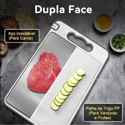 Tábua de Corte para Cozinha Dupla Face Aço Inoxidável e PP, Superfície Higiênica para Carnes, Frutas e Vegetais, Afiador Integrado, Base Antiderrapante e Alça Ergonômica PREMIUM - LAGUS IMP. - Imagem 7