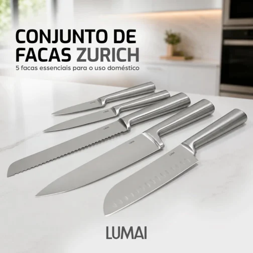 LUMAI Jogo de Facas Cozinha Grande Zurich, Kit 5 Peças Aço Inox Stain Free - Imagem 3