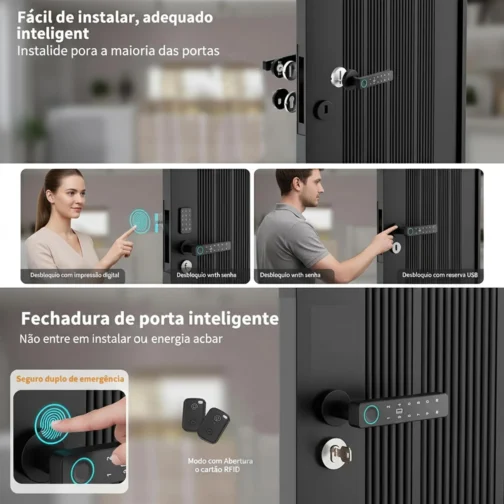 4 em 1 Fechadura Eletronica Digital, Biométrica Reconhecimento De Impressões Fechadura Porta Inteligente, Fechadura Eletrônica Para Quartos, Residências, Hotéis E Escritórios - Imagem 8