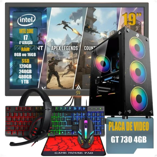 PC Gamer Completo Intel Core i7 4ª Geração, 8GB/16GB RAM, SSD 120GB/240GB/480GB/1TB, Placa de Vídeo GT 730 4GB, Windows 11, Monitor LED 19", Teclado e Mouse Gamer, Headset - Imagem 2