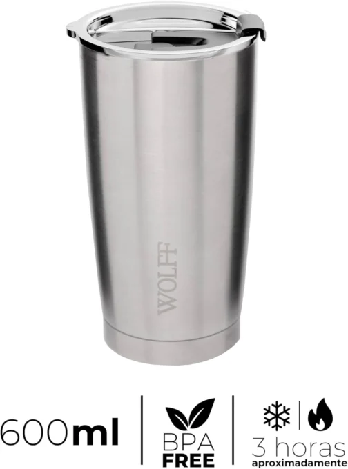 WOLFF - Copo Térmico de Aço Inox Parede Dupla Com Tampa 600ml Prata - Para Viagem - Mantém a Bebida na Temperatura Ideal - Imagem 3
