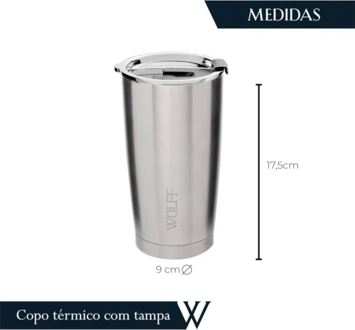 WOLFF - Copo Térmico de Aço Inox Parede Dupla Com Tampa 600ml Prata - Para Viagem - Mantém a Bebida na Temperatura Ideal - Imagem 4